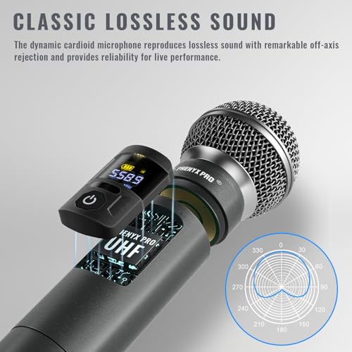 Phenyx Pro 4-Ch UHF Metal Dynamic Wireless Microphone System PTU-5200-4H | 4 Cordless Handheld Mics, 4 x 25 Frequencies, 200 ft Range, Singing, Karaoke, Church Services, DJ Sets