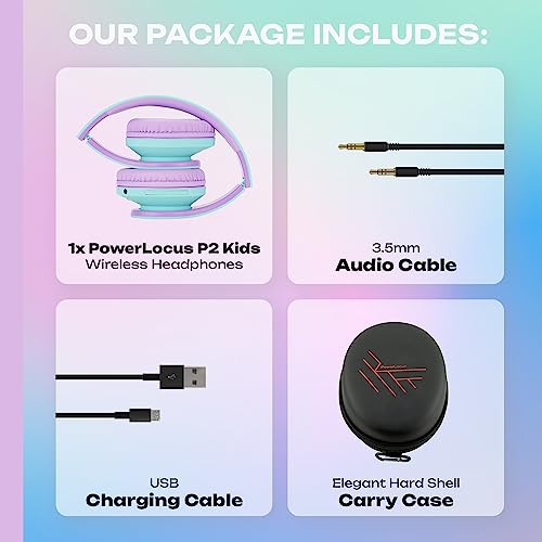 PowerLocus Kids Headphones Over-Ear, Bluetooth Wireless Headphones for Kids,with Microphone, Safe 85DB Volume Limited, Foldable with Carry Case, Audio Cable, Micro SD mode for Online Classes,PC,Phones - color: Teal