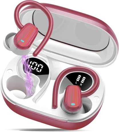 Wireless Earbuds, Bluetooth 5.4 Headphones Sport, Over Ear Buds with ENC Noise Canceling Mic, Deep Bass Stereo Ear Buds with Hook, 50H Playback, LED Display, IP7 Earphones for Workout Running, Red | 50H Playback, IP7 Waterproof Earphones for Workout Runni
