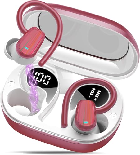 Wireless Earbuds, Bluetooth 5.4 Headphones Sport, Over Ear Buds with ENC Noise Canceling Mic, Deep Bass Stereo Ear Buds with Hook, 50H Playback, LED Display, IP7 Earphones for Workout Running, Red | 50H Playback, IP7 Waterproof Earphones for Workout Runni