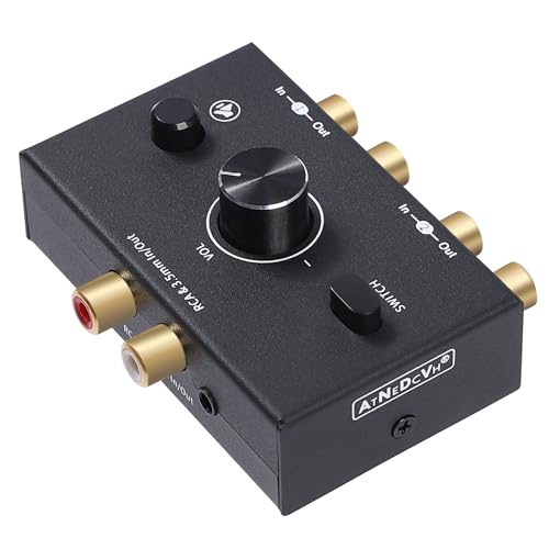 RCA 3.5mm Port 1 in 2 Out / 2 in 1 Out Bi-Directional Audio Switcher, 2-Way Stereo L/R Sound Channel Speaker Headphone Audio Switch Selector Splitter Box