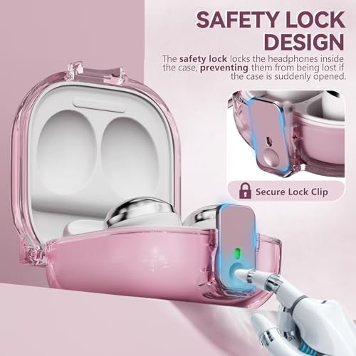 Inesore Case for Samsung Galaxy Buds FE/Buds 2/Pro/Live (Pink) | Safety Lock Design Prevents Loss, Clear Anti-Yellow PC Shell, 3-in-1 Cleaning Tool, Metal Clasp, Silicone Lanyard - color: A4-Pink+Bi