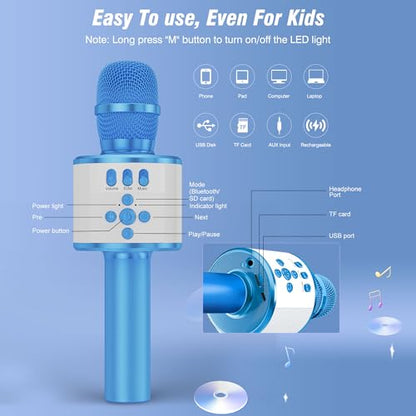BONAOK Karaoke Microphone for Kids & Adults - Bluetooth Microphones Singing Mic with Disco Lights, Echo Effect, Built-in Speaker Portable Karaoke Player for Party Travel Gifts Q78(Blue) - color: Blue
