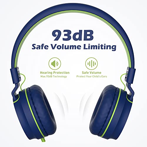 AILIHEN I35 Kids Headphones for School with Mic, 93dB Safe Volume, Green | Wired On Ear Headphones for Girls Boys, 3.5mm Foldable Lightweight for Classroom Chromebook, Laptop, Computer, Tablet - color: Blue Green