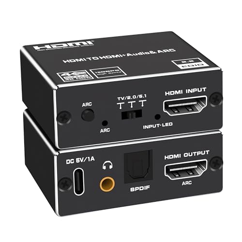 HDMI ARC Audio Extractor, 4K@60Hz HDMI ARC Adapter to Optical/SPDIF/3.5mm AUX Audio Adapter Converter Splitter Support LPCM 5.1/DTS/DSD for Laptop/TV Box/DVD/PS5/Soundbar/Speaker/Amplifier