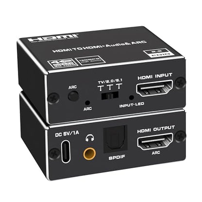 HDMI ARC Audio Extractor, 4K@60Hz HDMI ARC Adapter to Optical/SPDIF/3.5mm AUX Audio Adapter Converter Splitter Support LPCM 5.1/DTS/DSD for Laptop/TV Box/DVD/PS5/Soundbar/Speaker/Amplifier