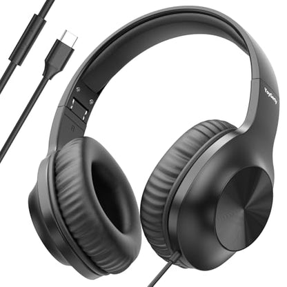 Upgraded USB C Wired Headphones, Over-Ear Type C Headphones with Microphone | HD Stereo Sound, Volume Control, Foldable USB Type C Headphones for Adults/Teens//Tablets/Computer/iPhone/Travel(Black)