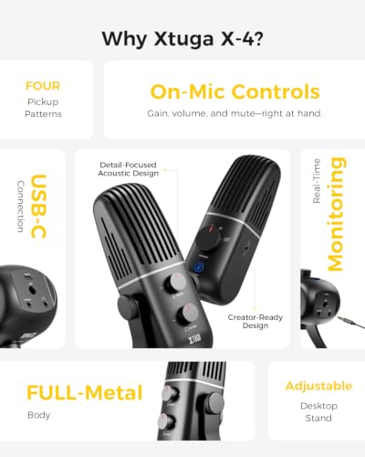 XTUGA X-4 Creators Condenser Microphone,Metal ASMR Microphone,Streaming Mic | 4-Pattern Pickup,Plug & Play,Zero-Latency,48kHz/16bit,Desktop Gaming Microphone for PC,Streaming,Podcast,Studio Recording
