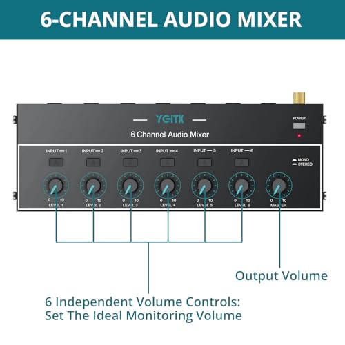 Mini Audio Mixer, 6 Channel Stereo Line Mixer 1/4" & 1/8" TSR Audio Output Input Jack, Line Mixer Stereo/Mono Independent Control and Switch for Guitars,Bass,Keyboards, Dynamic Microphone - size: Large(6-channel)