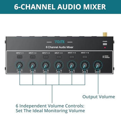 Mini Audio Mixer, 6 Channel Stereo Line Mixer 1/4" & 1/8" TSR Audio Output Input Jack, Line Mixer Stereo/Mono Independent Control and Switch for Guitars,Bass,Keyboards, Dynamic Microphone - size: Large(6-channel)