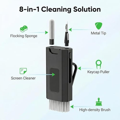 8-in-1 Electronics Cleaning Kit, Multifunctional Earphone Cleaning Pen with Soft Brush and Flocking Sponge for Wireless Earbuds Keyboard and Phone, Black, 1 Pack - color: Black