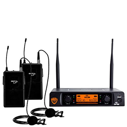 Nady DW-22 Dual Digital Wireless Lapel Microphone System - Dual fixed UHF frequency -Ultra-low latency with QPSK modulation - XLR and ¼" outputs