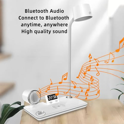 IHAO Smart LED Desk Lamp with Wireless Charger & Bluetooth Speaker, 15W Fast Charging Station for Phone & Earbuds Touch Control 3 Light Modes Alarm Clock Adjustable Eye-CareTable Lamp-HYT1772 White - color: Table Lamp 4in1 with bluetooth speaker HYT1772 W