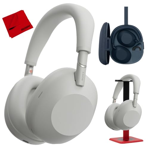 Sony WH-1000XM6 Best Wireless Noise Canceling Headphones, Platinum Silver Bundle with Deco Gear Pro Audio Headphone Stand in Matte Black/Red - color: Argent