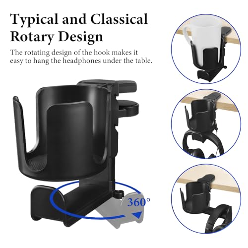 GEEKRIA 2 in 1 Headphone Hanger&Desk Cup Holder, Under Desk Clamp Rotatable Headset Compatible with Sennheiser, Bose, Beats, Razer, HyperX, Sony, Suitable for Coffee Mugs, Water Cups (Black) - color: Black