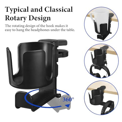 GEEKRIA 2 in 1 Headphone Hanger&Desk Cup Holder, Under Desk Clamp Rotatable Headset Compatible with Sennheiser, Bose, Beats, Razer, HyperX, Sony, Suitable for Coffee Mugs, Water Cups (Black) - color: Black