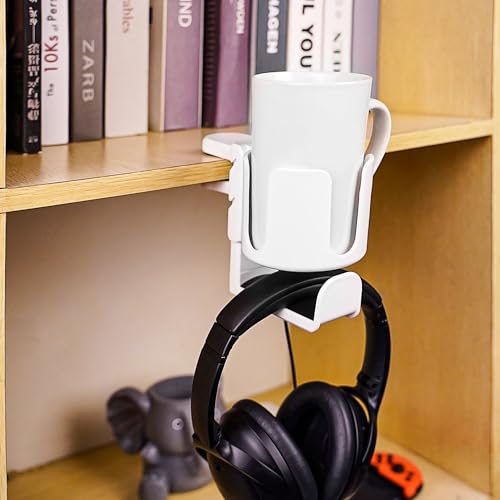 GEEKRIA 2 in 1 Headphone Hanger&Desk Cup Holder, Under Desk Clamp Rotatable Headset Compatible with Sennheiser, Bose, Beats, Razer, HyperX, Sony, Suitable for Coffee Mugs, Water Cups (White) - color: White
