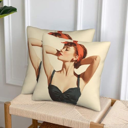 Retro Woman Red Headband Big Bow Throw Pillows Covers, Couch Sofa Pillow Cases,Zipper Bedding Cushion Cases for Living Room,18x18 Inch