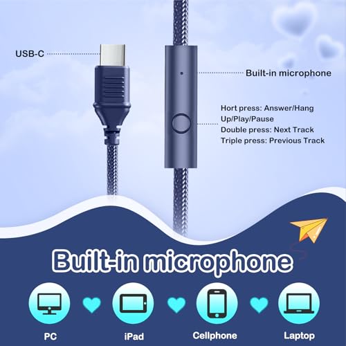 USB-C Kids Headphones, Wired Headphones for Girls Boys, 94dB Volume Limit | LED Lights, 94dB Volume Limit, Stereo Sound Portable Foldable Lightweight for School/iPad/Tablet/Airplane Travel/Toddler - color: Blue
