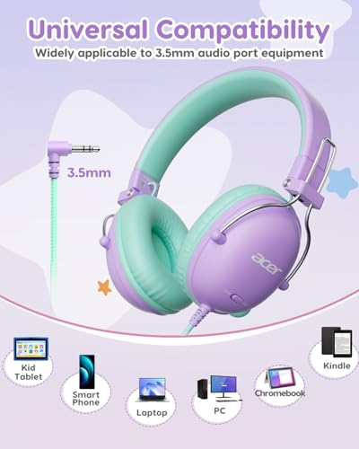 Acer Kids Headphones Wired for School, 74-85dB Limiter, Purple-Green OHW342 - color: Purple Green