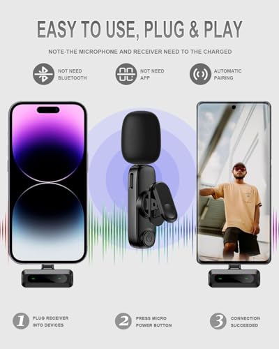 Wireless Lavalier Microphone for iPhone/Android Phone | Professional Noise Reduction Mic for Content Creators, Mini Lapel Microphones for Podcast Video Recording & Live Streaming
