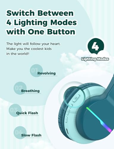 iClever BTH12 Kids Bluetooth Headphones 85H Playtime with LED Lights Travel - color: Malachite Green