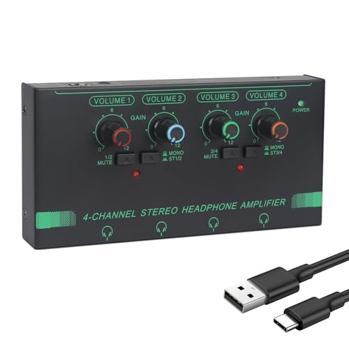 Horse Headphone Amp Amplifier, 4-Channel Metal Stereo Audio Amplifier, Mini Earphone Splitter, 1/4" 1/8" TRS/TS Audio Input and Output for Music Studio, DC 12V(Green&Black) - color: Green&Black(4-Channel)
