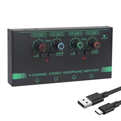 Horse Headphone Amp Amplifier, 4-Channel Metal Stereo Audio Amplifier, Mini Earphone Splitter, 1/4" 1/8" TRS/TS Audio Input and Output for Music Studio, DC 12V(Green&Black) - color: Green&Black(4-Channel)