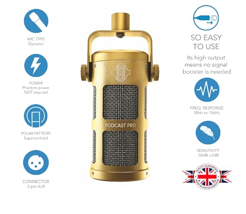 Podcast Professional Dynamic Mic for Podcast, Broadcast, Streaming, Gaming & VC - XLR Connection, No Phantom Power Required - Lifetime Microphone Warranty - Designed & Built in UK (Gold) | Supercardioid pickup pattern; No phantom power required