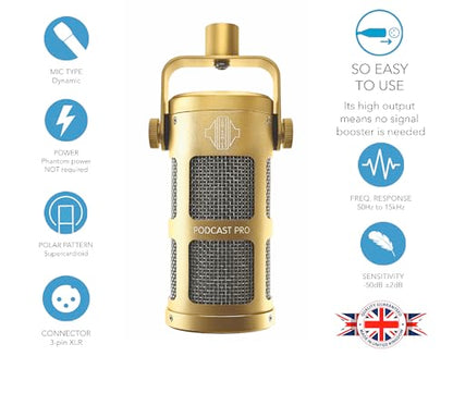 Podcast Professional Dynamic Mic for Podcast, Broadcast, Streaming, Gaming & VC - XLR Connection, No Phantom Power Required - Lifetime Microphone Warranty - Designed & Built in UK (Gold) | Supercardioid pickup pattern; No phantom power required