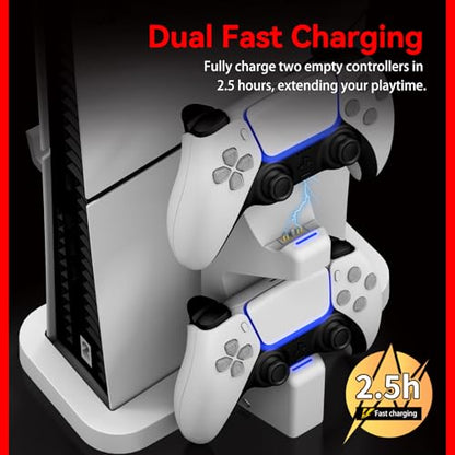 NBCP PS5 Stand with Controller Charging Station - Silent Fanless Design Vertical Stand for PlayStation 5 Slim - Dual Controller Charger with Headphone Holder - color: B