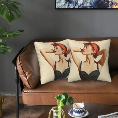 Retro Woman Red Headband Big Bow Throw Pillows Covers, Couch Sofa Pillow Cases,Zipper Bedding Cushion Cases for Living Room,18x18 Inch
