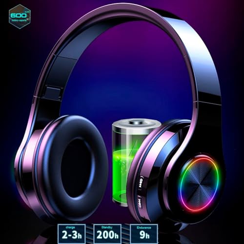 Over Ear Wireless Headphones with Noise Reduction, Mic Deep Bass HiFi Stereo, Foldable Lightweight LED Headset for PC Home Travel Office (Black) - color: Black