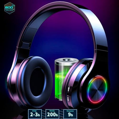 Over Ear Wireless Headphones with Noise Reduction, Mic Deep Bass HiFi Stereo, Foldable Lightweight LED Headset for PC Home Travel Office (Black) - color: Black