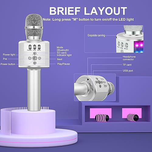 BONAOK Karaoke Microphone for Kids & Adults - Bluetooth Microphones Singing Mic with Disco Lights, Echo Effect, Built-in Speaker Portable Karaoke Player for Party Travel Gifts Q78(Silver) - color: Silver