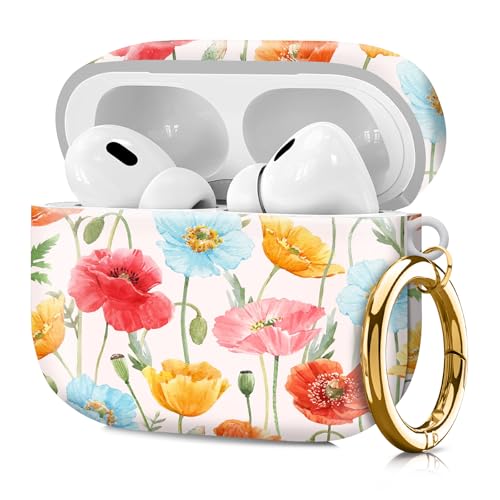 Compatible with Airpod pro 2nd/1st Generation Case Cover with Gold Round Keychain Cute Pattern Hard & Anti Slip Cover for Men Women & Girls（Blue Flowers） - color: Blue Flowers