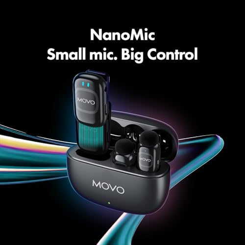 Movo NanoMic 카메라용 무선 라발리에 마이크 - DSLR, 캠코더 및 미러리스 카메라용 클립온 TRS 무선 마이크 시스템 - 비디오, 인터뷰용 충전 케이스가 있는 듀얼 마이크