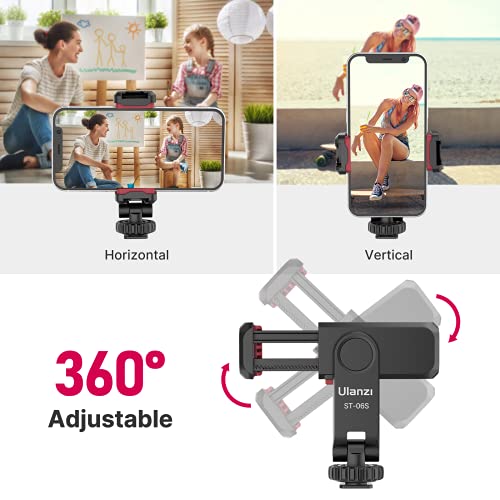 ULANZI ST-06S Phone Tripod Mount, Universal Phone Mount w 2 Cold Shoe | 1/4" Screw, 360° Rotates 180° Tilts, Adjustable Cellphone Clip Clamp Holder for Tripod, Camera, iPhone 17/16/15, Android