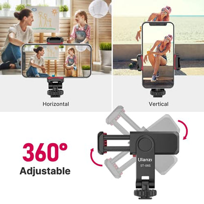 ULANZI ST-06S Phone Tripod Mount, Universal Phone Mount w 2 Cold Shoe | 1/4" Screw, 360° Rotates 180° Tilts, Adjustable Cellphone Clip Clamp Holder for Tripod, Camera, iPhone 17/16/15, Android
