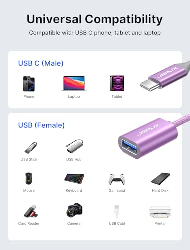 JSAUX USB C to USB 3.0 Adapter [2 Pack], USB C Male to USB Female OTG Cable Adapter Compatible with MacBook Pro/Air, iPhone 16 Pro Max/16 Plus/16e/15, Samsung Galaxy S25/S24/S23-Purple - color: Purple