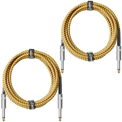 2-Pack 10 Feet Tweed braided 1/4 Inch TS Guitar Cables, Yellow & Brown | Strain relief, Anti-kink, no signal loss, fit electric guitar, bass, amp - color: Yellow, size: 10ft