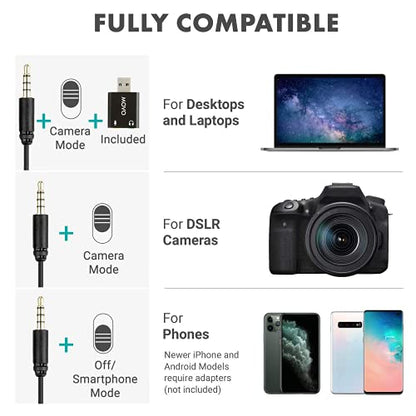 Movo Over-Ear Studio Headphones with USB Lavalier Microphone for Computer and Laptop - Wired for 3.5mm, 6.35mm