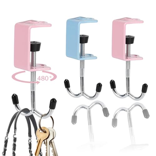 2Pcs Adjustable Purse Hooks Multi-Use Purse Hanger for Table & Desk | 100Ib Capacity Heavy-Duty Alloy Backpack Hanger for Handbag, Headphone, Umbrellas, Space-Saving Desk Organizer (Blue & Pink)