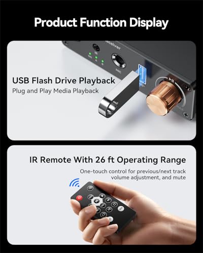[Upgraded] Bluetooth 6.0 Receiver,Wireless Bluetooth Long Range Low Latency for Home Audio Music Streaming Stereo Systems,with AUX 3.5mm/RCA,USB Flash Drive Play and 6.5mm MIC Ports