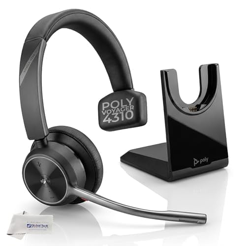 Poly Voyager 4310 UC Wireless Bluetooth Headset (USB-A) with Charging Headset Stand Bundle - Noise Cancelling Mic, Works with USB Deskphone, PC, Mobile, For Zoom and Phone Calls, GTW Microfiber Cloth - color: Mono - w/ Charging Stand