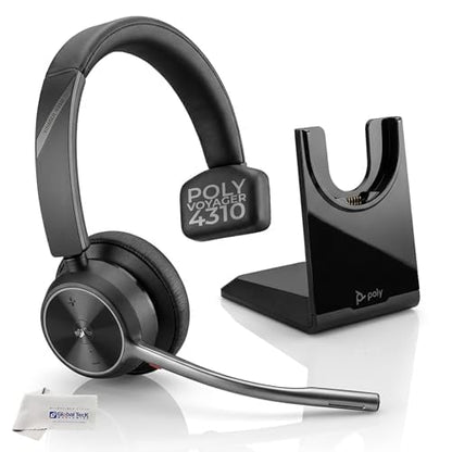 Poly Voyager 4310 UC Wireless Bluetooth Headset (USB-A) with Charging Headset Stand Bundle - Noise Cancelling Mic, Works with USB Deskphone, PC, Mobile, For Zoom and Phone Calls, GTW Microfiber Cloth - color: Mono - w/ Charging Stand