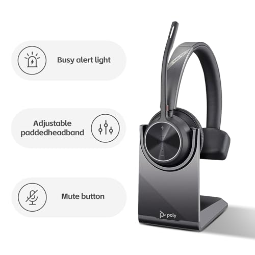 Poly Voyager 4320 UC Wireless Headset & Charge Stand - Connects to PC/Mac/Mobile Phone via Bluetooth with USB-C to A Adapter & USB C Dongle & USB A-C Cable & Storage Bag and Fiber Cloth
