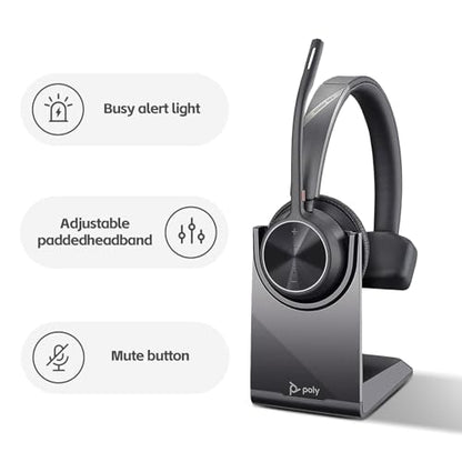 Poly Voyager 4320 UC Wireless Headset & Charge Stand - Connects to PC/Mac/Mobile Phone via Bluetooth with USB-C to A Adapter & USB C Dongle & USB A-C Cable & Storage Bag and Fiber Cloth