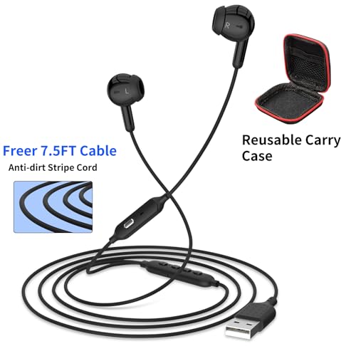 APETOO USB Earbuds Computer Headphones with 2 EQs -Bass Boost & Clear Vocal | Wired Earphones Mic & Volume Control, Mute Button, HiFi Stereo, 7.5ft Long Cord USB-A Ear Buds for Dell HP Surface PC Office