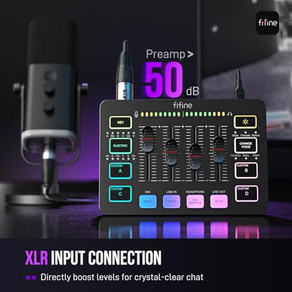 FIFINE USB/XLR Dynamic Microphone with Audio Mixer&RGB Boom Arm Kit, Streaming Mic with Quick Mute, PC Mixer with 48V Phantom Power, RGB Metal Mic Arm with 3/8" to 5/8" Screw for Podcast-AM8+SC3+BM38